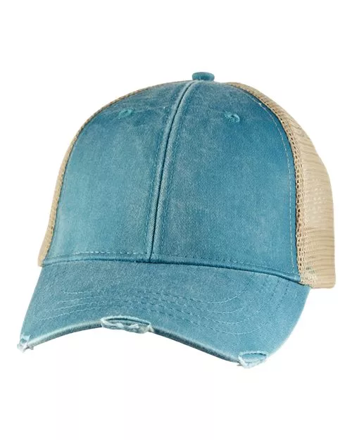 Adams Headwear OL102 Ollie Distressed Trucker Cap – 6-Panel Structured Mid-Profile Pigment-Dyed Mesh Back Cap | One Size