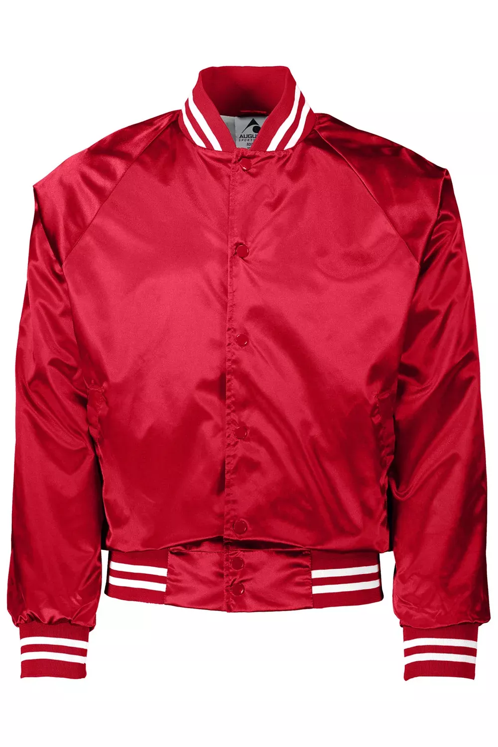 Augusta Sportswear Mens Water Resistant Snap Front Satin Baseball Jacket w/ Striped Trim - Red/White