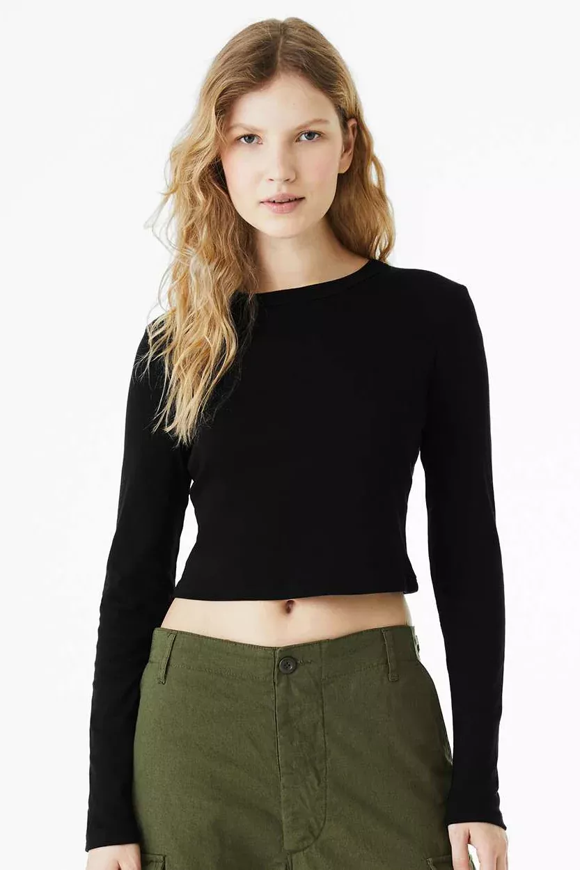 Bella + Canvas Womens Micro Rib Long Sleeve Crewneck T-Shirt - Solid Black Blend