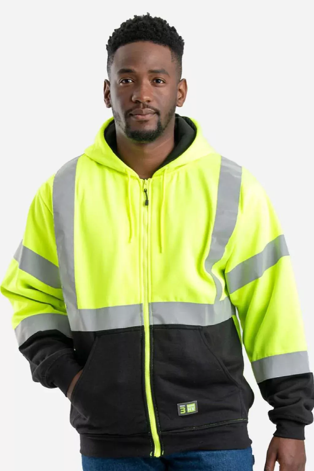 Berne Mens Hi Vis Class 3 Color Block Fleece Full Zip Hooded Sweatshirt Hoodie w/ Pockets - Hi Vis Yellow