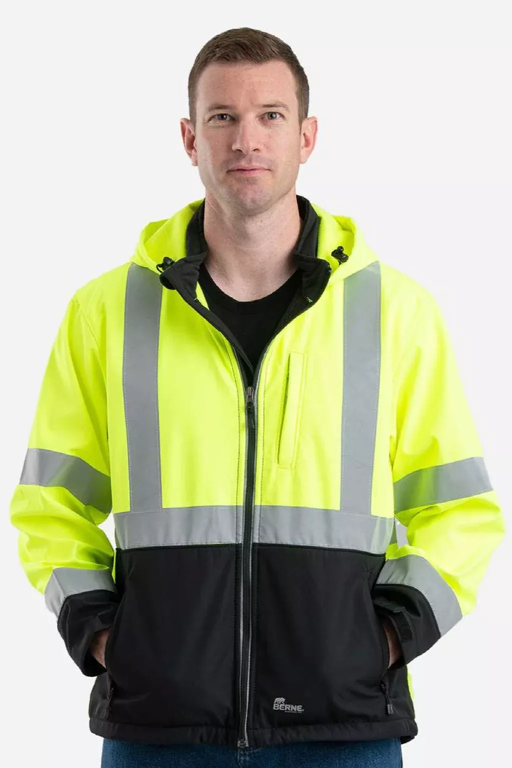 Berne Mens Hi Vis Class 3 Wind & Water Resistant Full Zip Hooded Soft Shell Jacket - Yellow