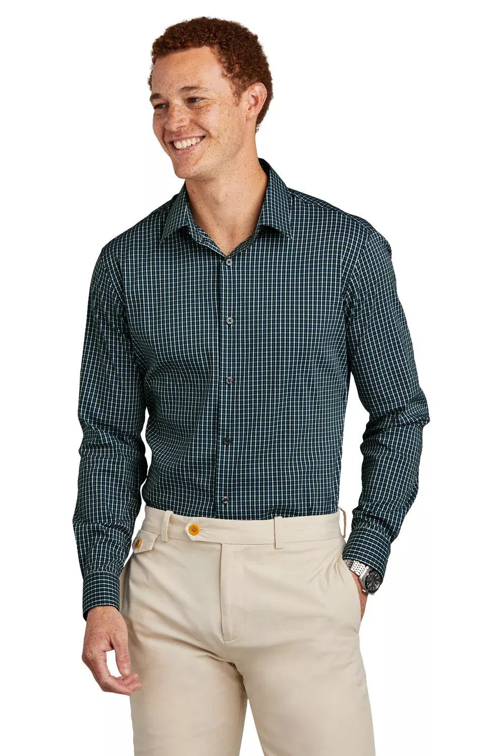 Brooks Brothers Mens Tech Stretch Long Sleeve Button Down Shirt - Dark Pine Green
