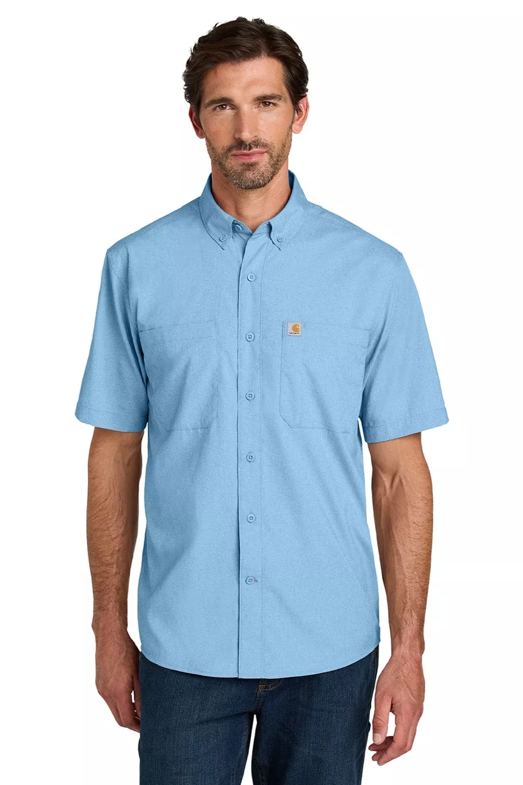 Carhartt Mens Force Sun Defender Moisture Wicking Short Sleeve Button Down Shirt w/ Double Pockets - Fresh Water Blue