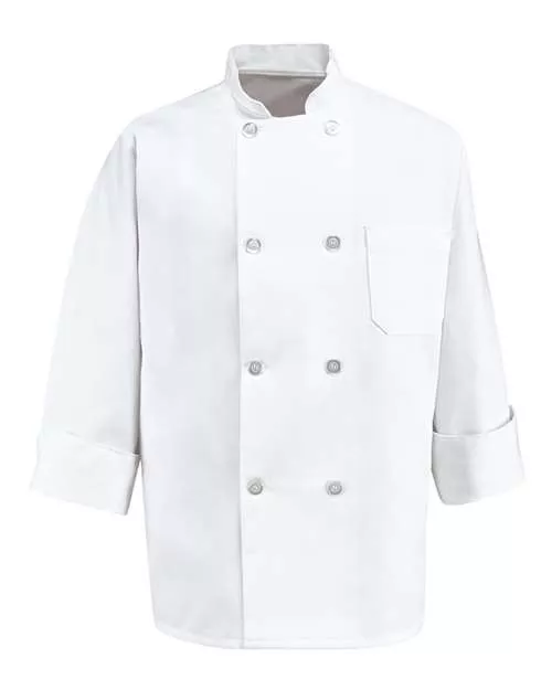 Chef Designs 0403T Eight Pearl Button Chef Coat Tall Sizes - 7 oz. 65/35 Poly/Cotton Twill Double-Breasted Chef Coat | LT-3XLT