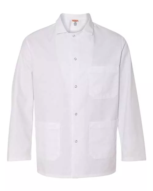 Chef Designs 0406 Gripper Front Short Butcher Coat - 65/35 Poly/Cotton Twill Five-Gripper Coat with Pockets | S-4XL