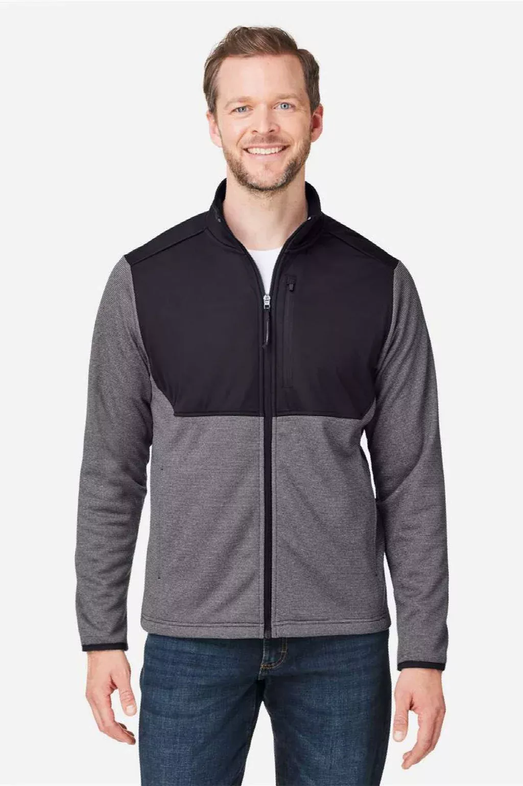 Core 365 Mens Venture Heathered Stripe Hybrid Moisture Wicking Full Zip Jacket - Black/White
