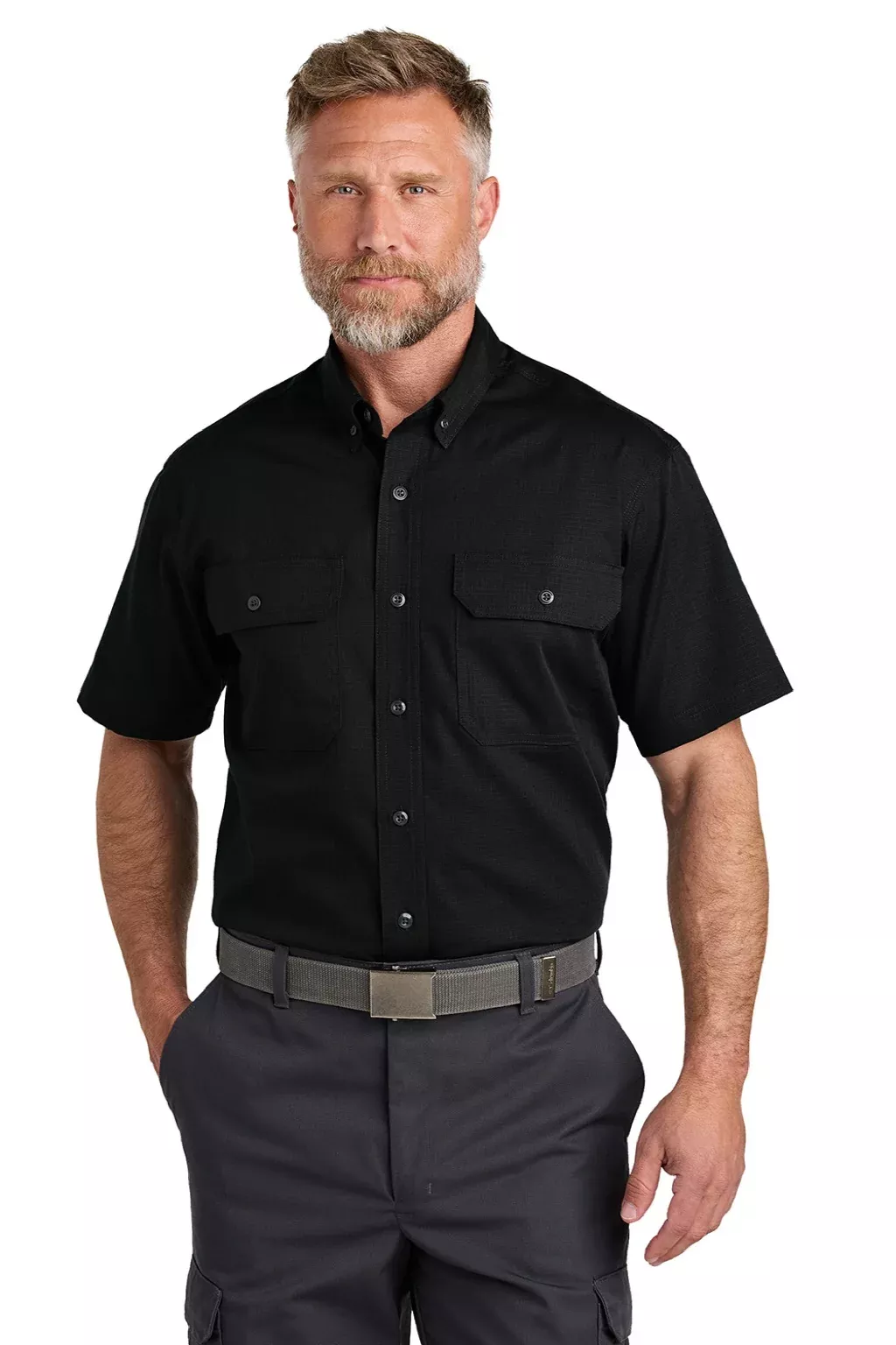 CornerStone Mens Select Ripstop Stain Resistant Short Sleeve Button Down Shirt w/ Pockets - Black