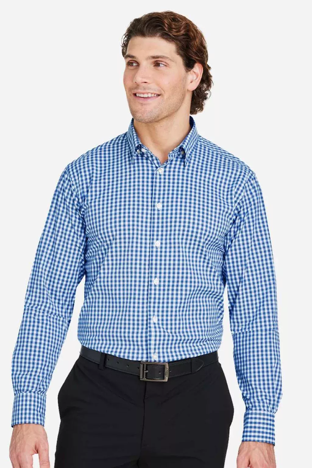 Devon & Jones Mens CrownLux Performance Moisture Wicking Gingham Long Sleeve Button Down Shirt - French Blue/White