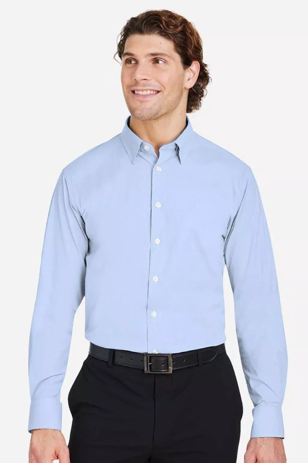 Devon & Jones Mens CrownLux Performance Moisture Wicking Microstripe Long Sleeve Button Down Shirt - French Blue/White