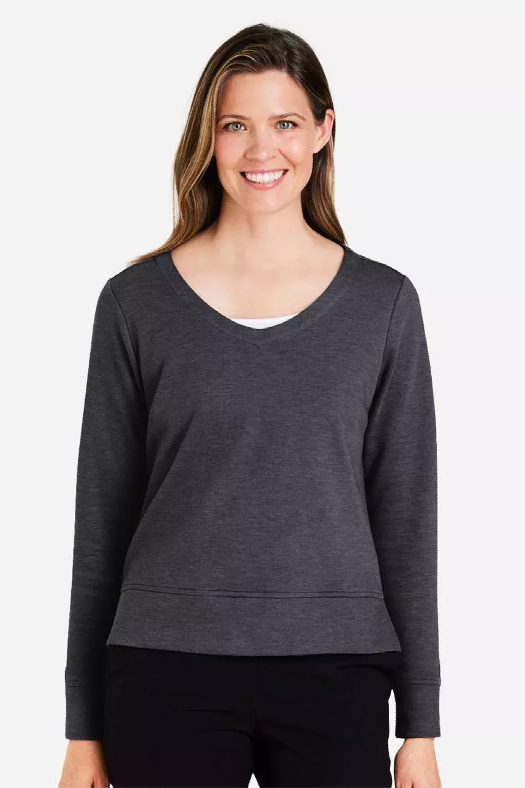 Devon & Jones Womens Charleston V-Neck Sweatshirt - Black Melange