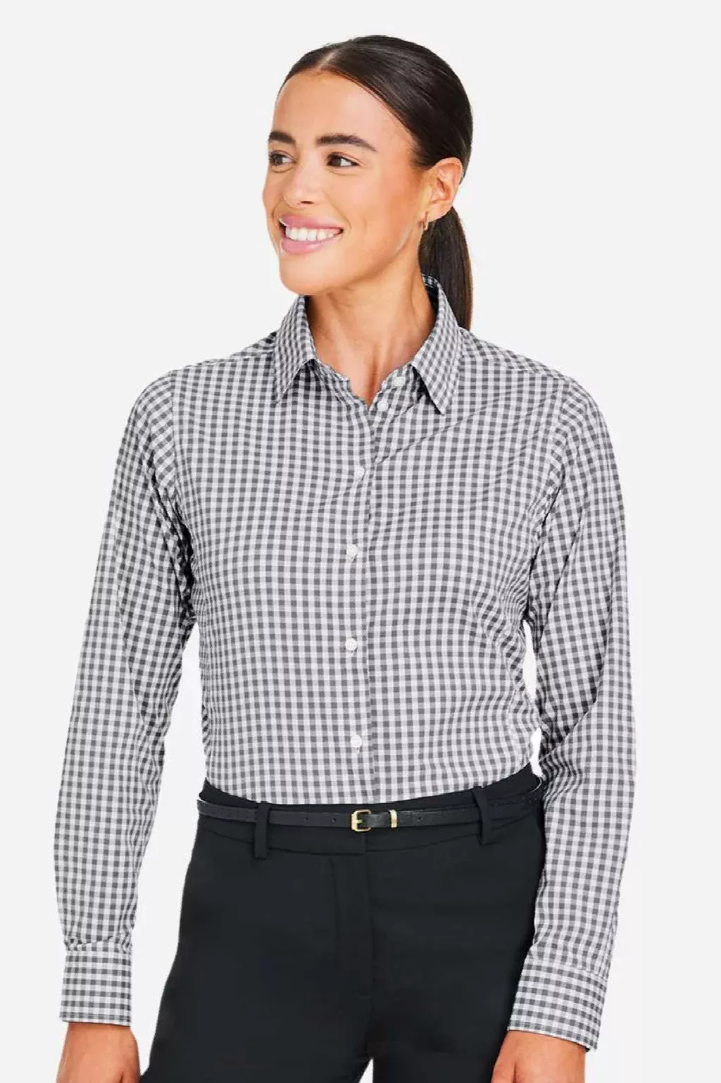 Devon & Jones Womens CrownLux Performance Moisture Wicking Gingham Long Sleeve Button Down Shirt - Graphite Grey/White