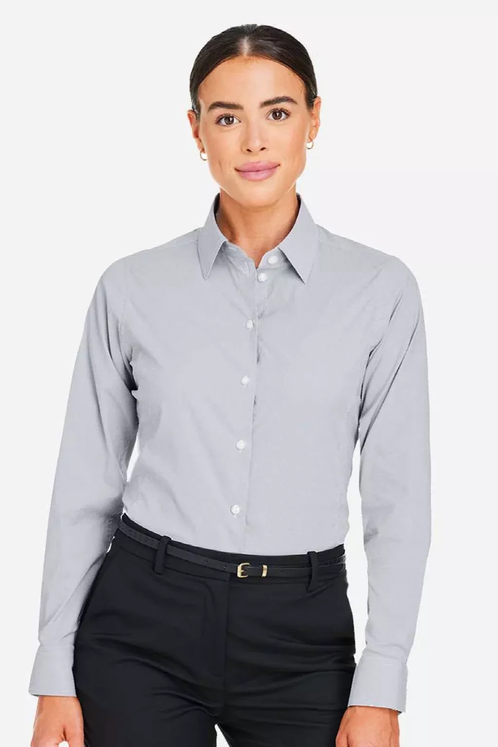 Devon & Jones Womens CrownLux Performance Moisture Wicking Microstripe Long Sleeve Button Down Shirt - Graphite Grey/White