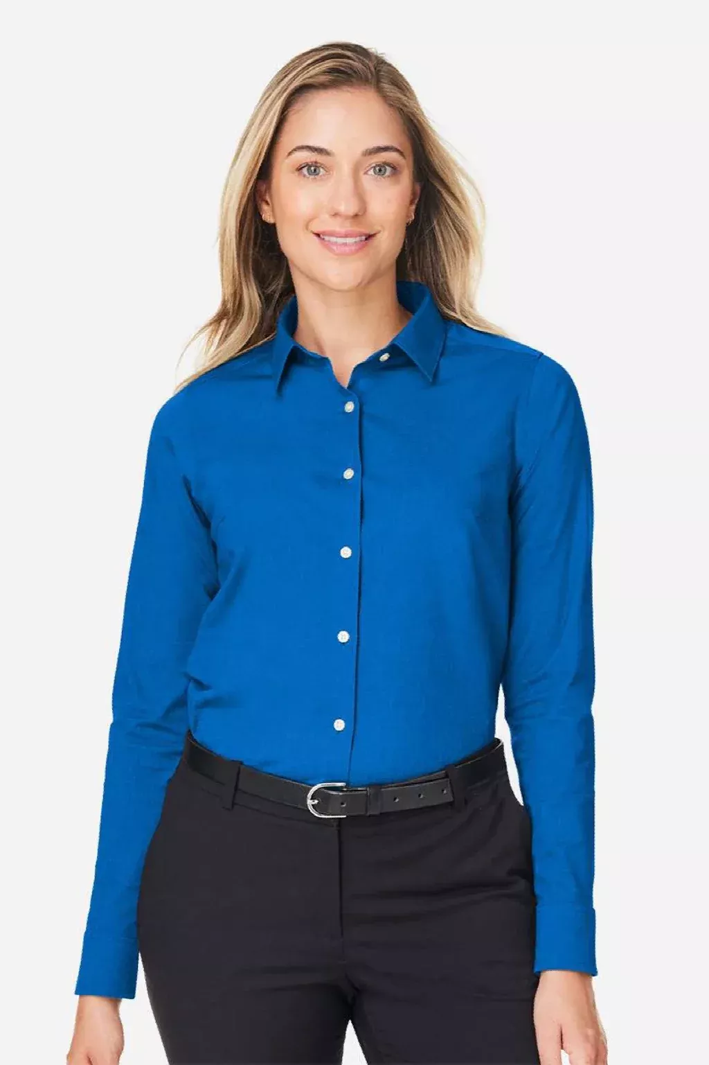 Devon & Jones Womens CrownLux Performance Moisture Wicking Spencer Poplin Long Sleeve Button Down Shirt - French Blue Melange