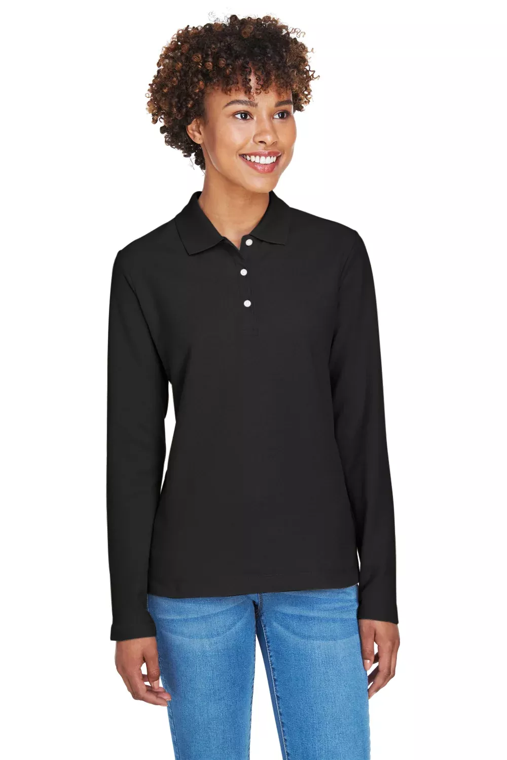 Devon & Jones Womens Long Sleeve Polo Shirt - Black - Closeout