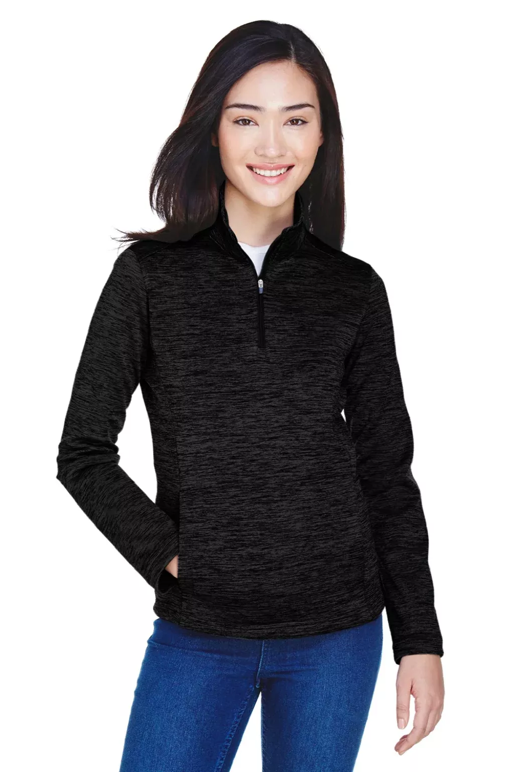 Devon & Jones Womens Newbury Fleece 1/4 Zip Sweatshirt w/ Pouch Pocket - Heather Black - Closeout