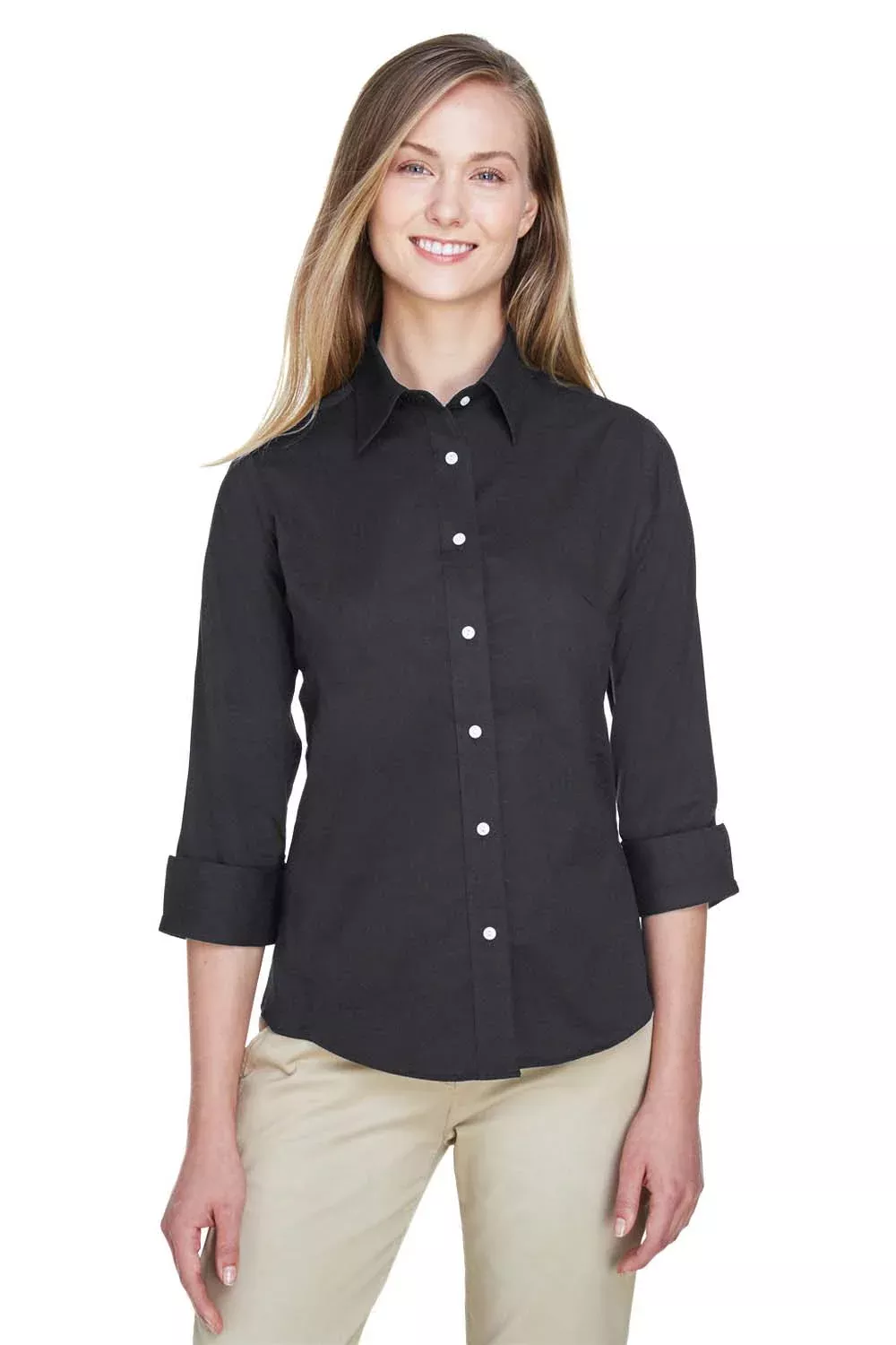 Devon & Jones Womens Perfect Fit 3/4 Sleeve Button Down Shirt - Black
