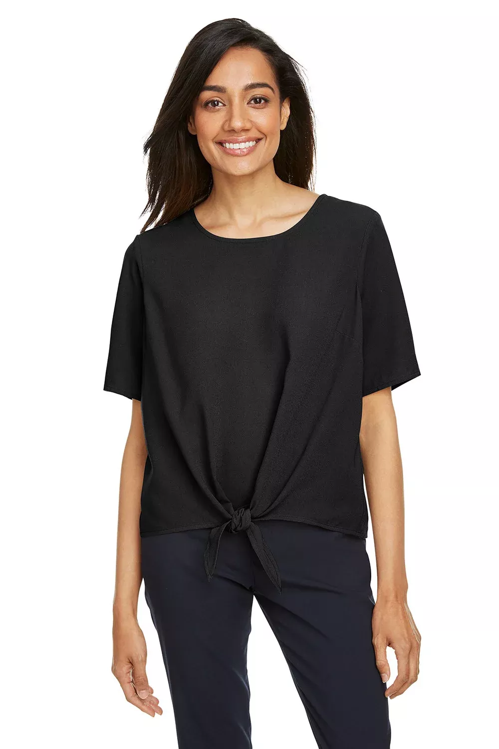 Devon & Jones Womens Perfect Fit Tie Front Short Sleeve Blouse - Black - Closeout