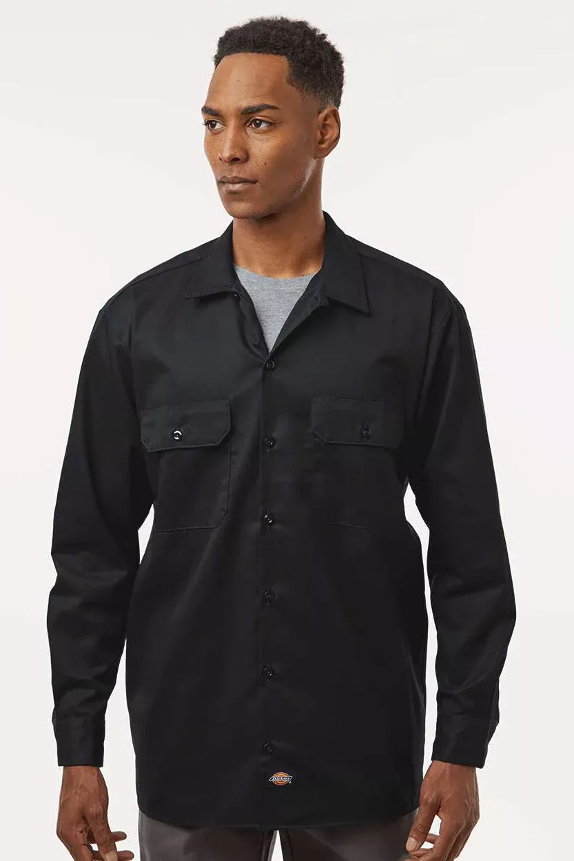 Dickies Mens Moisture Wicking Long Sleeve Button Down Work Shirt w/ Double Pockets - Black