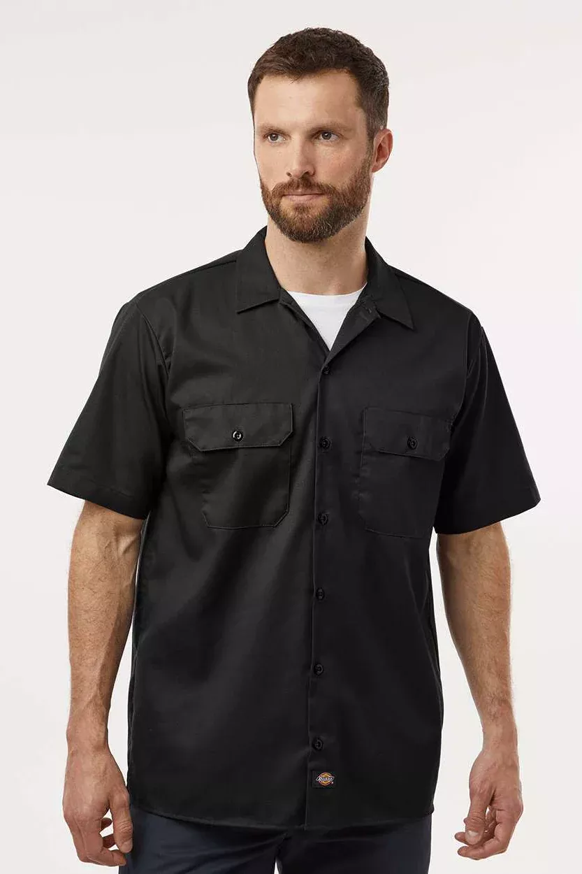 Dickies Mens Moisture Wicking Short Sleeve Button Down Work Shirt w/ Double Pockets - Black