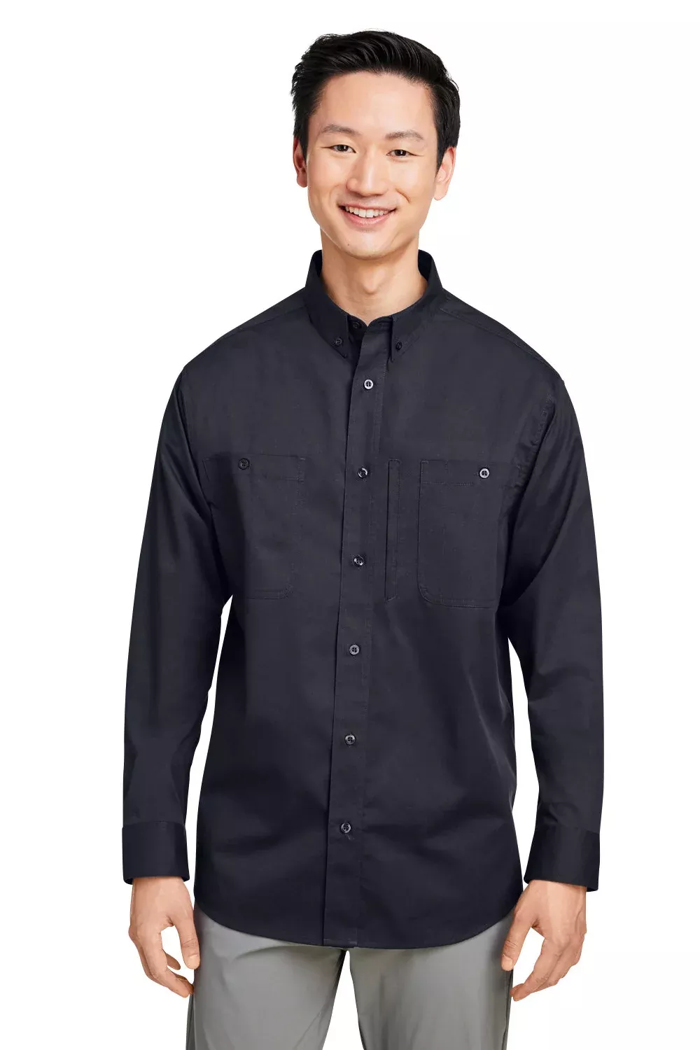 Harriton Mens Advantage Wrinkle Resistant Long Sleeve Button Down Shirt w/ Double Pockets - Black