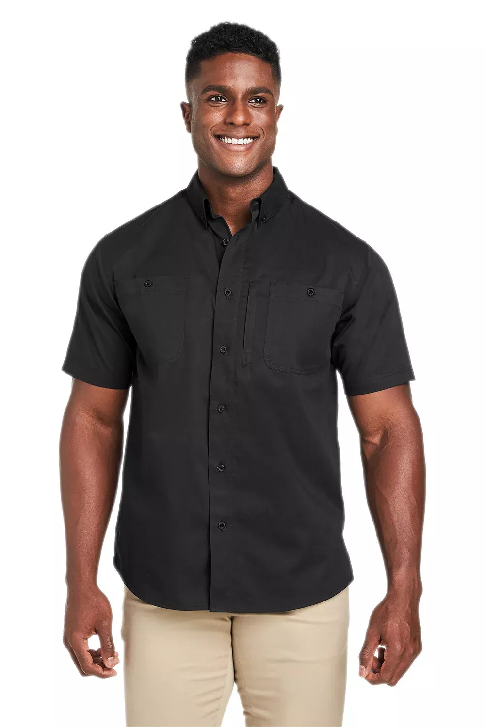 Harriton Mens Advantage Wrinkle Resistant Short Sleeve Button Down Shirt w/ Double Pockets - Black