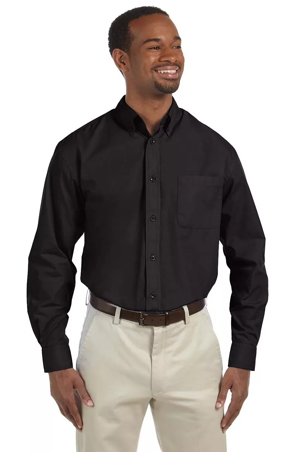 Harriton Mens Essential Long Sleeve Button Down Shirt w/ Pocket - Black - Closeout