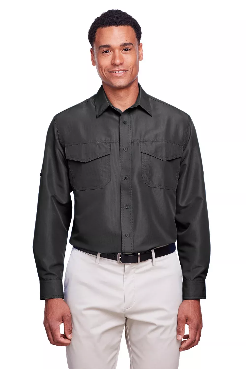 Harriton Mens Key West Performance Moisture Wicking Long Sleeve Button Down Shirt w/ Double Pockets - Dark Charcoal Grey - Closeout