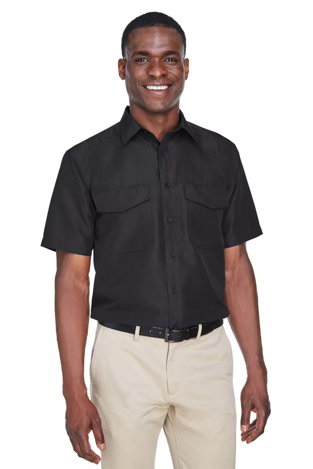Harriton Mens Key West Performance Moisture Wicking Short Sleeve Button Down Shirt w/ Double Pockets - Black - Closeout