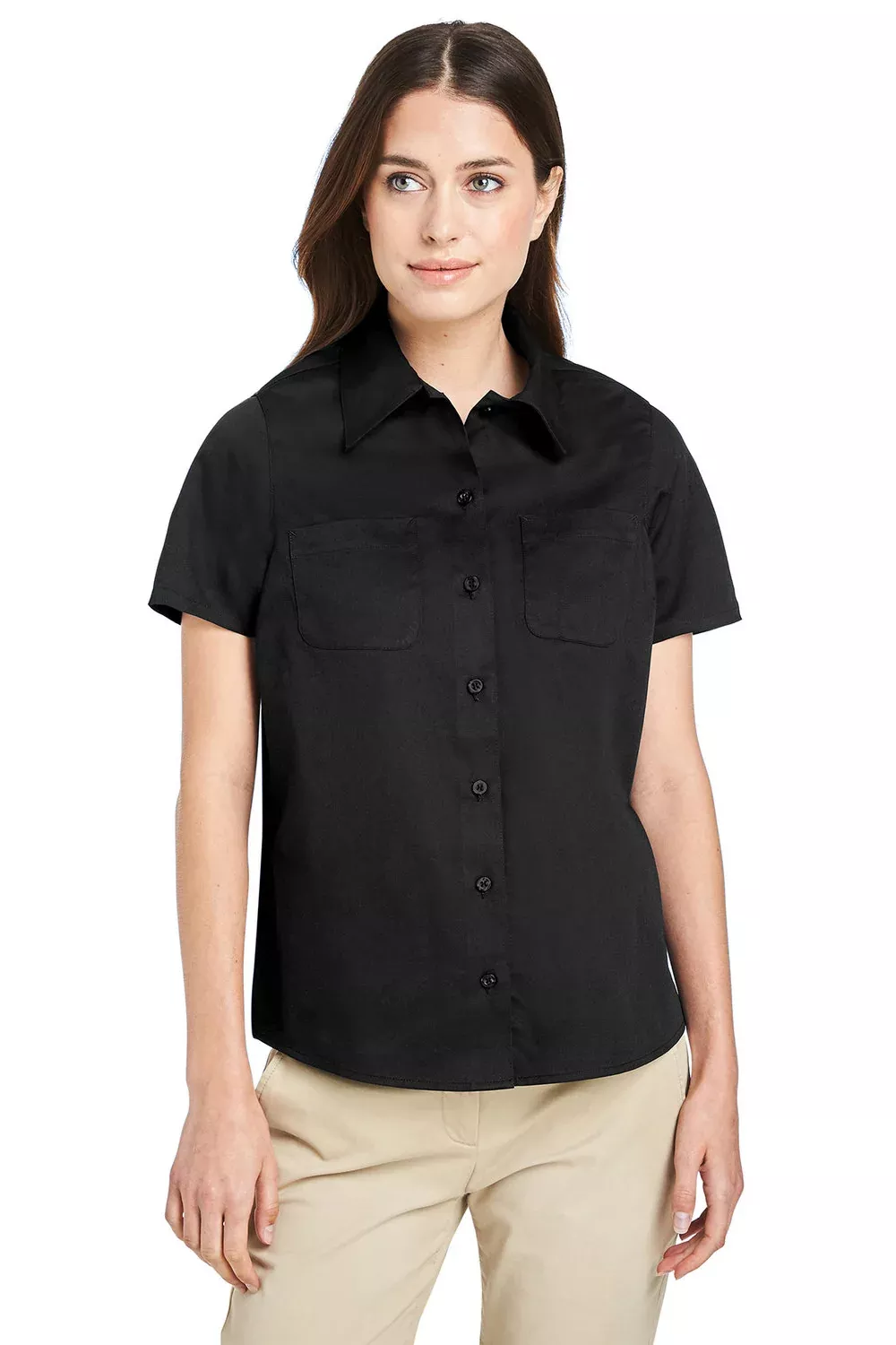 Harriton Womens Advantage Wrinkle Resistant Short Sleeve Button Down Shirt w/ Double Pockets - Black