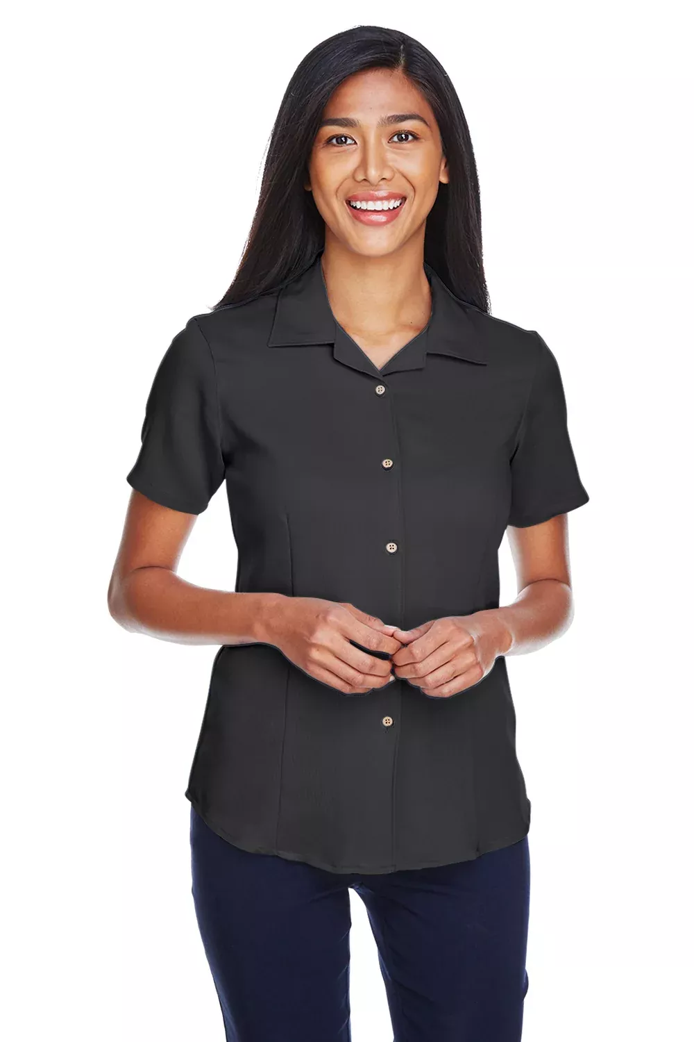 Harriton Womens Bahama Wrinkle Resistant Short Sleeve Button Down Camp Shirt - Black - Closeout