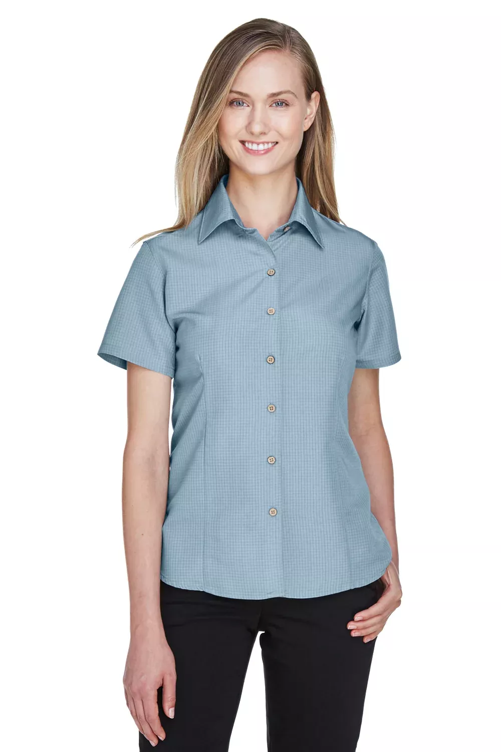 Harriton Womens Barbados Wrinkle Resistant Short Sleeve Button Down Camp Shirt - Cloud Blue - Closeout
