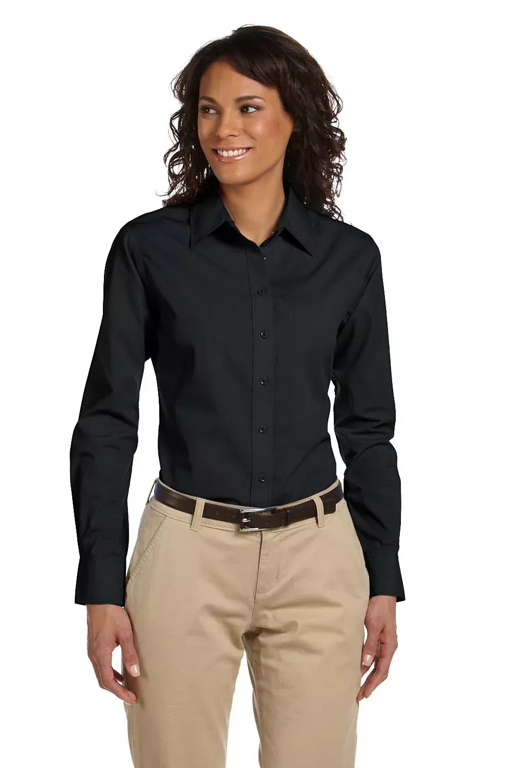 Harriton Womens Essential Long Sleeve Button Down Shirt - Black - Closeout