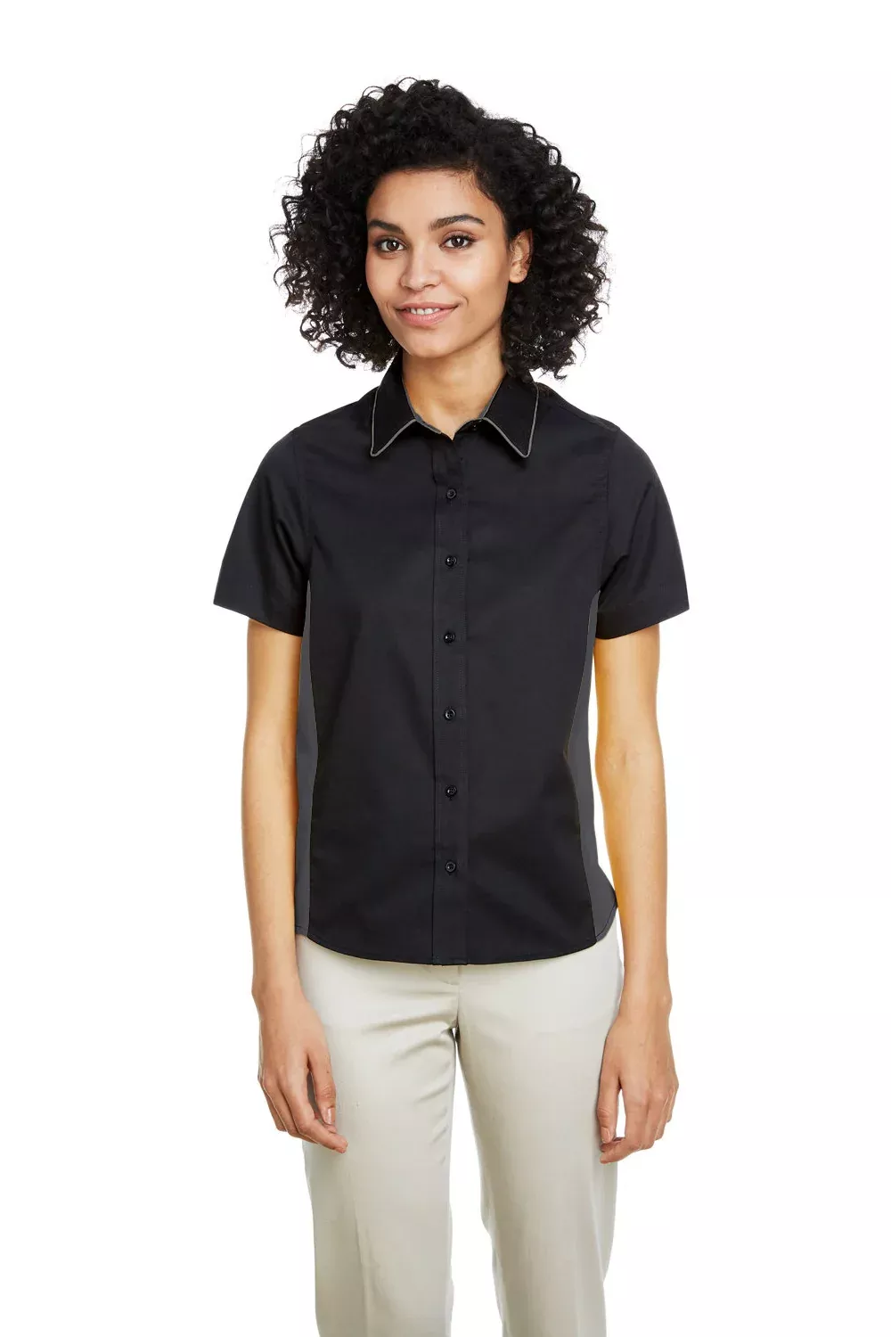 Harriton Womens Flash Colorblock Wrinkle Resistant Short Sleeve Button Down Shirt - Black/Dark Charcoal Grey