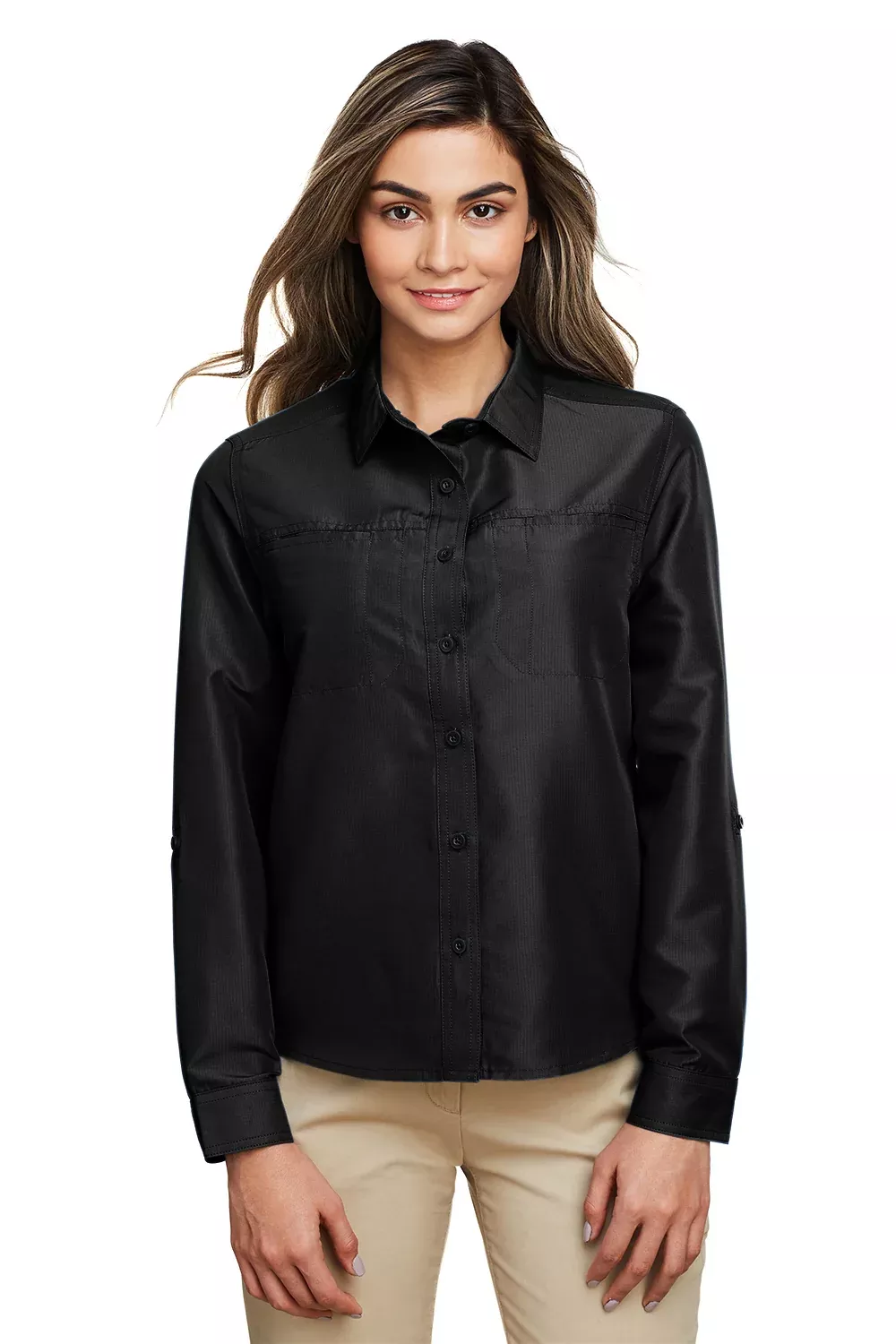 Harriton Womens Key West Performance Moisture Wicking Long Sleeve Button Down Shirt w/ Pocket - Black - Closeout