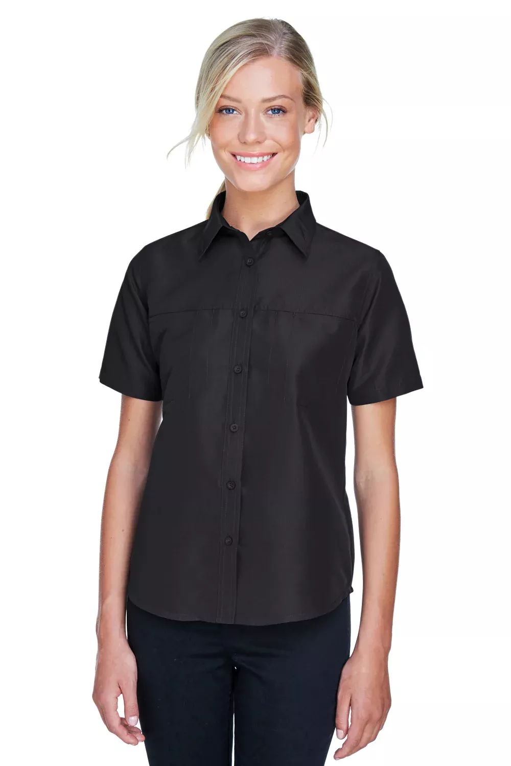 Harriton Womens Key West Performance Short Sleeve Button Down Shirt w/ Double Pockets - Black - Closeout