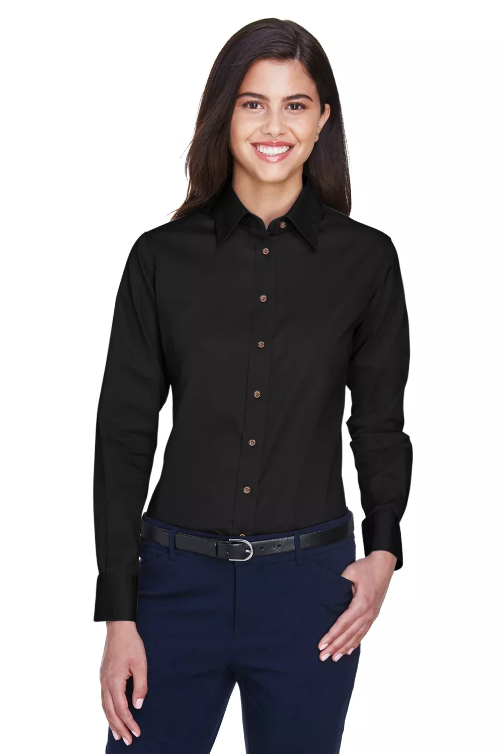 Harriton Womens Wrinkle Resistant Long Sleeve Button Down Shirt - Black