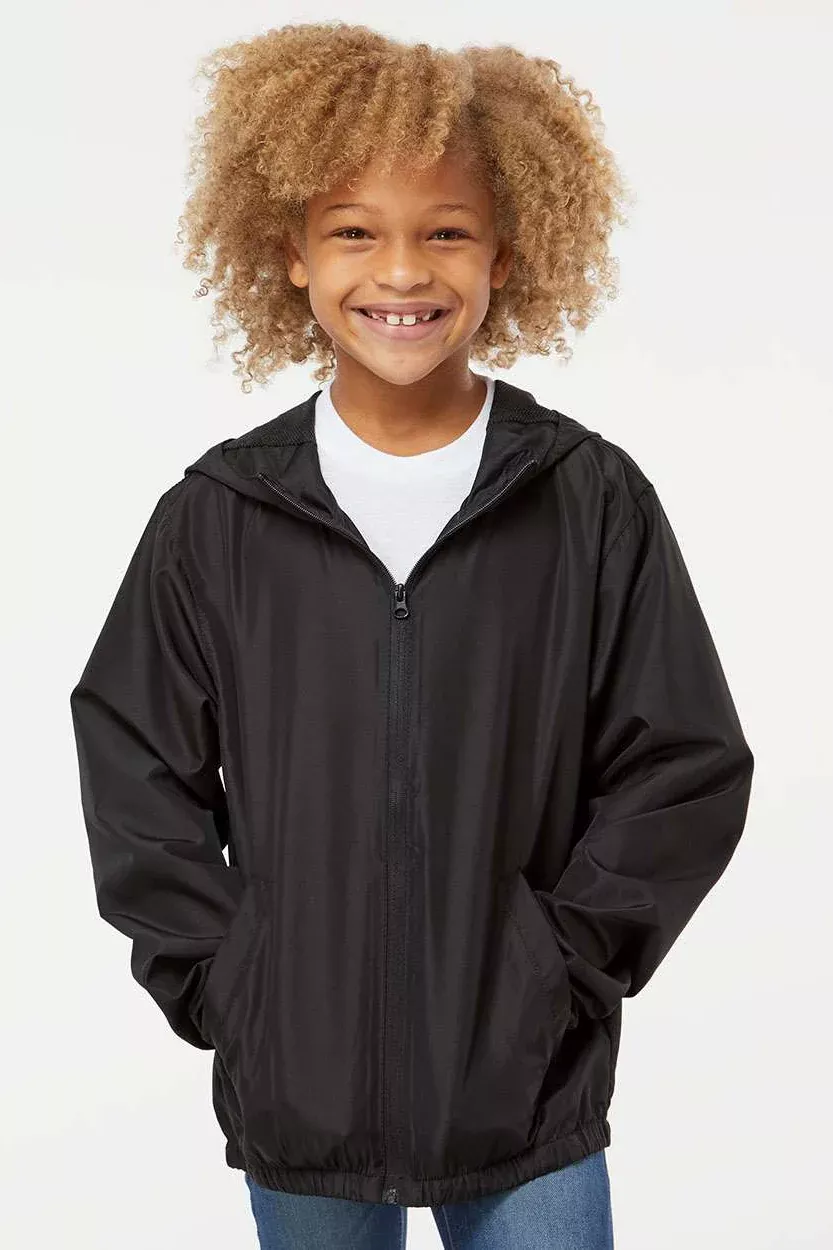Independent Trading Company Youth Wind & Water Resistant Full Zip Windbreaker Hooded Jacket - Black