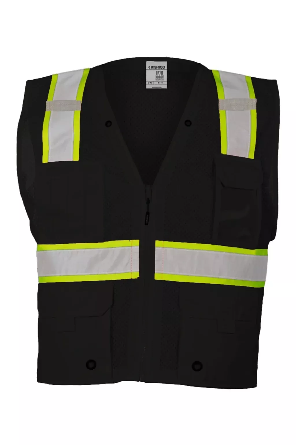Kishigo Unisex EV Series Enhanced Visibility Multi Pocket Mesh Vest - Black/Lime Green