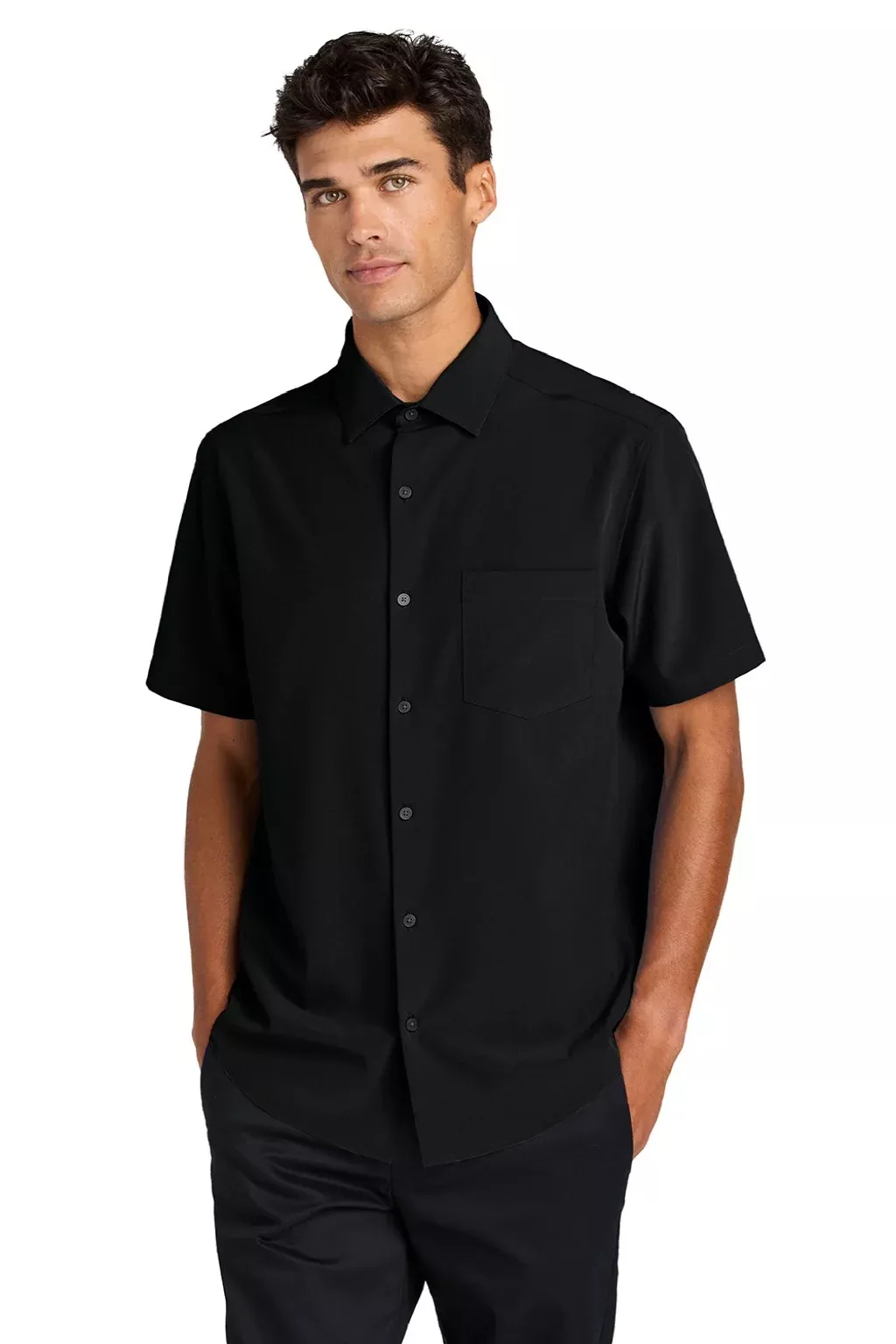 Mercer+Mettle Mens UV Capital Tech Moisture Wicking Short Sleeve Button Down Shirt w/ Pocket - Deep Black
