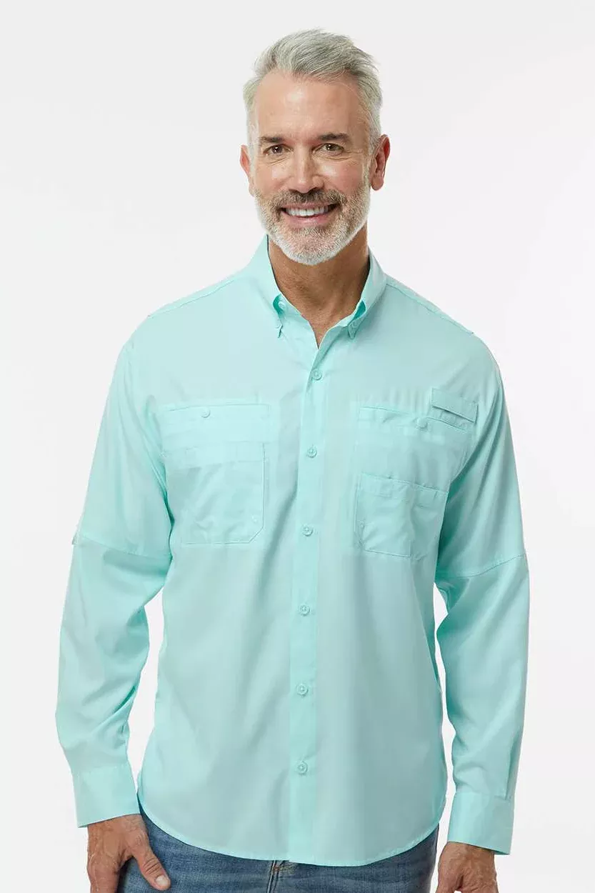 Paragon Mens Kitty Hawk Performance Moisture Wicking Long Sleeve Button Down Shirt w/ Double Pockets - Aqua Blue