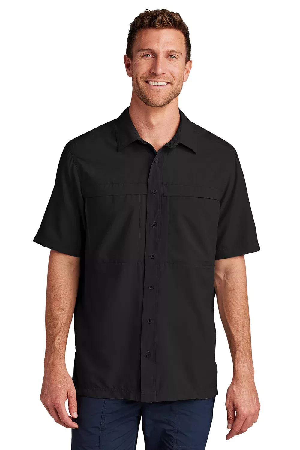 Port Authority Mens Daybreak Moisture Wicking Short Sleeve Button Down Shirt w/ Double Pockets - Deep Black