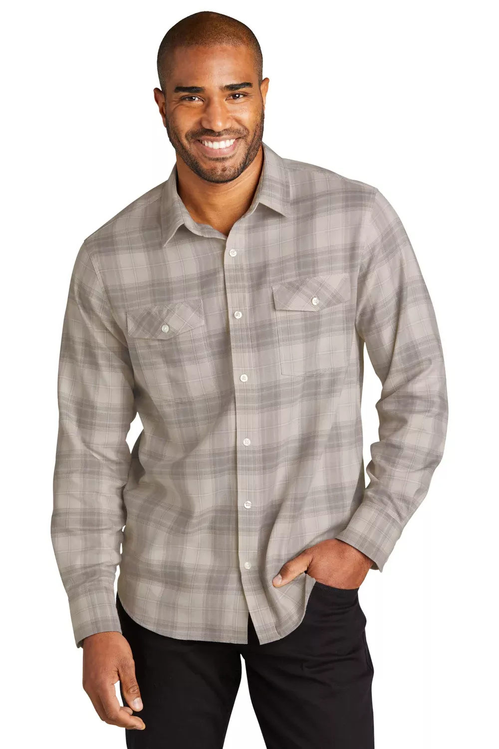Port Authority Mens Ombre Plaid Long Sleeve Button Down Shirt w/ Double Pockets - Frost Grey - Closeout