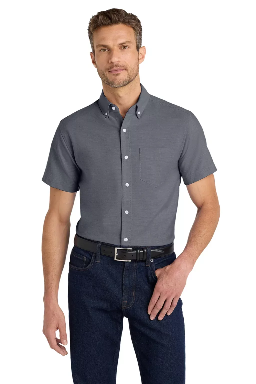 Port Authority Mens SuperPro Oxford Wrinkle Resistant Short Sleeve Button Down Shirt w/ Pocket - Black
