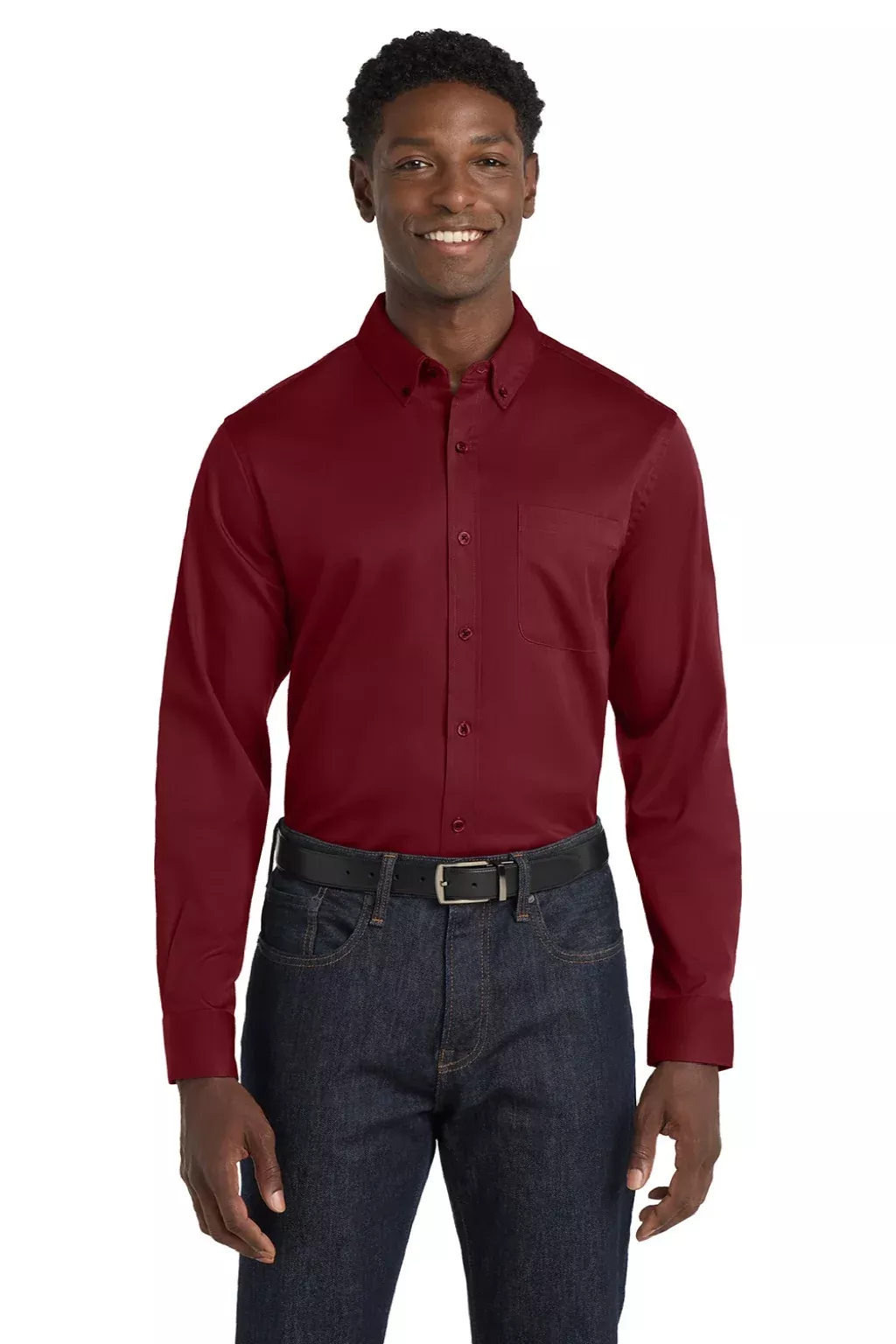 Port Authority Mens SuperPro Wrinkle Resistant React Long Sleeve Button Down Shirt w/ Pocket - Burgundy