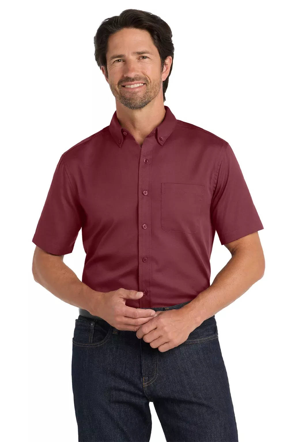 Port Authority Mens SuperPro Wrinkle Resistant React Short Sleeve Button Down Shirt w/ Pocket - Burgundy