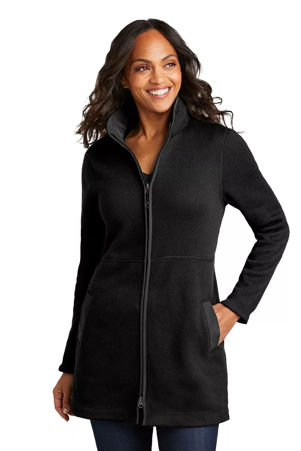 Port Authority Womens Arc Pill Resistant Sweater Fleece Full Zip Long Jacket - Deep Black
