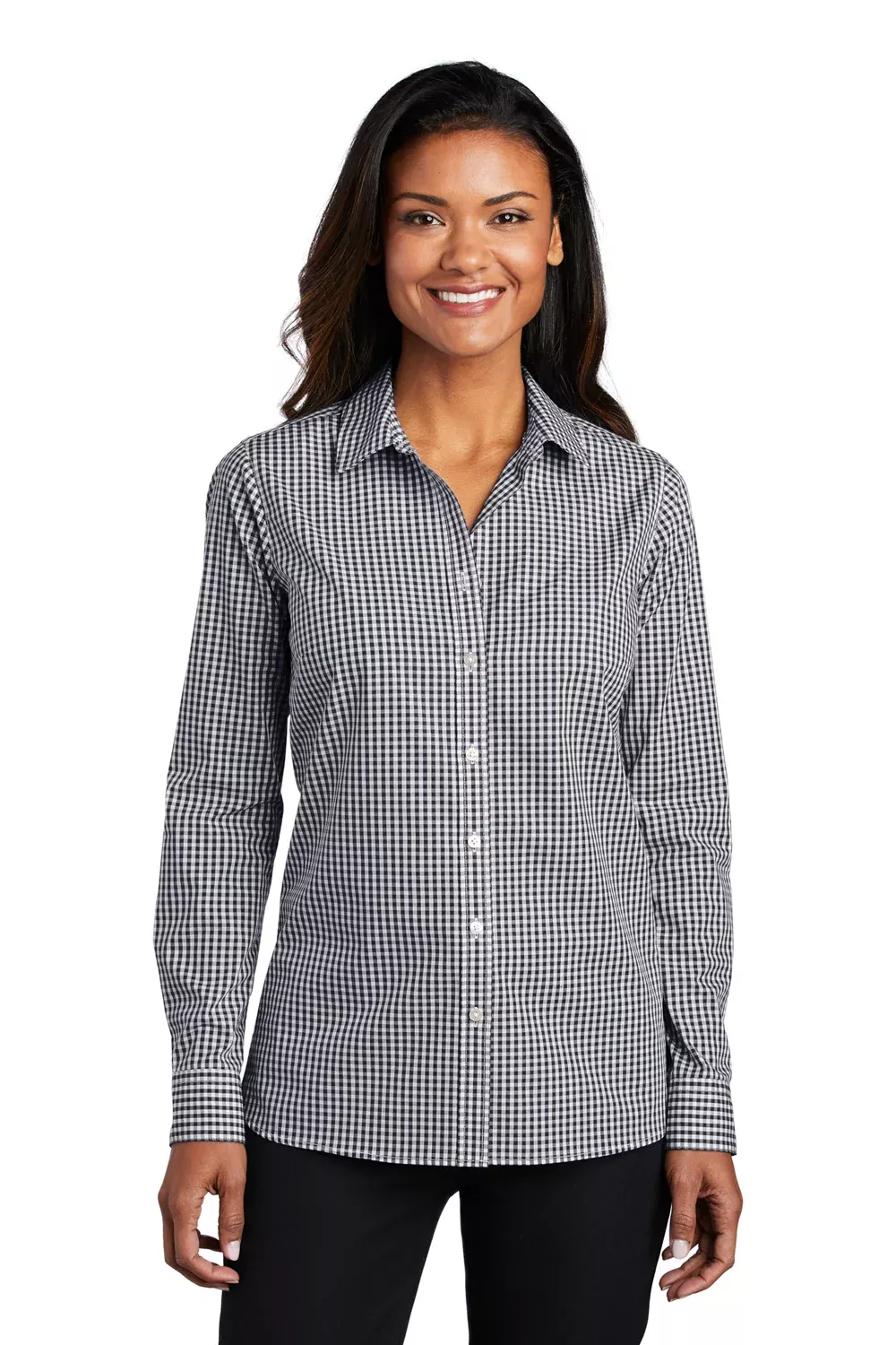 Port Authority Womens Broadcloth Gingham Wrinkle Resistant Long Sleeve Button Down Shirt - Black/White - Closeout