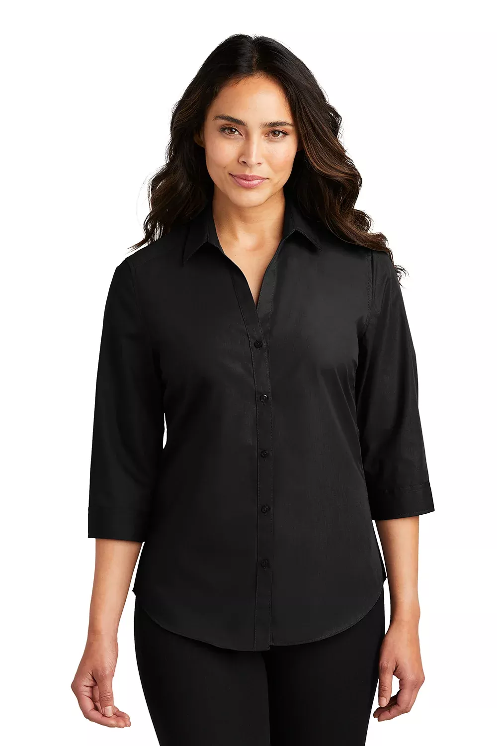 Port Authority Womens Carefree Stain Resistant 3/4 Sleeve Button Down Shirt - Deep Black