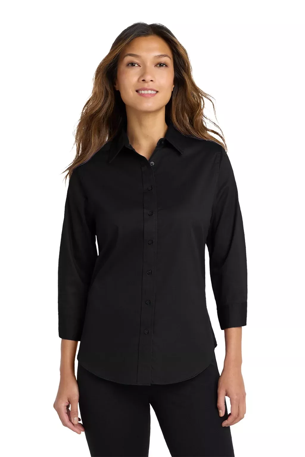 Port Authority Womens Easy Care Wrinkle Resistant 3/4 Sleeve Button Down Shirt - Black
