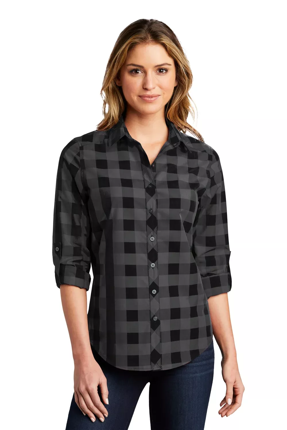 Port Authority Womens Everyday Plaid Long Sleeve Button Down Shirt - Black - Closeout